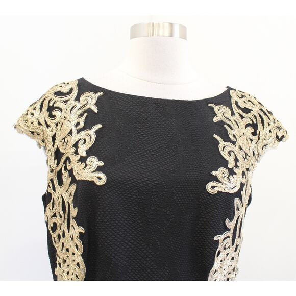 Tadashi Shoji Black Gold Crepe Sequin Embellished Formal Gown Evening Dress 12 - Picture 2 of 8